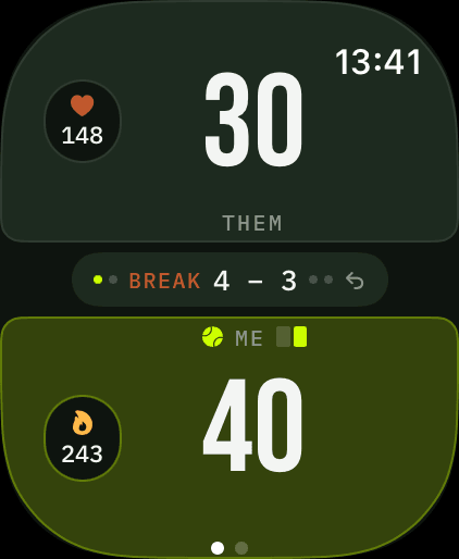 Voleo on Apple Watch Ultra: your opponent's 30 across the top half, your score 40 in the bottom half nearest you, break point at 4–3 in games between them.