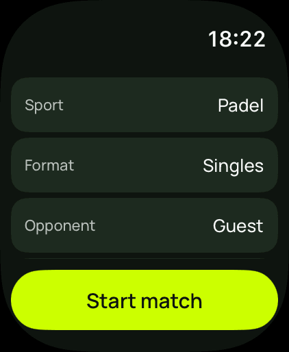 Apple Watch Ultra screen “Set up a match”: sport padel, format singles, opponent guest, and a “Start match” button.