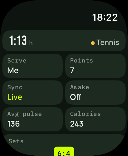 Apple Watch Ultra match cockpit: match time 1:13 h, tennis, serve, sync live, average heart rate 136, 243 calories.